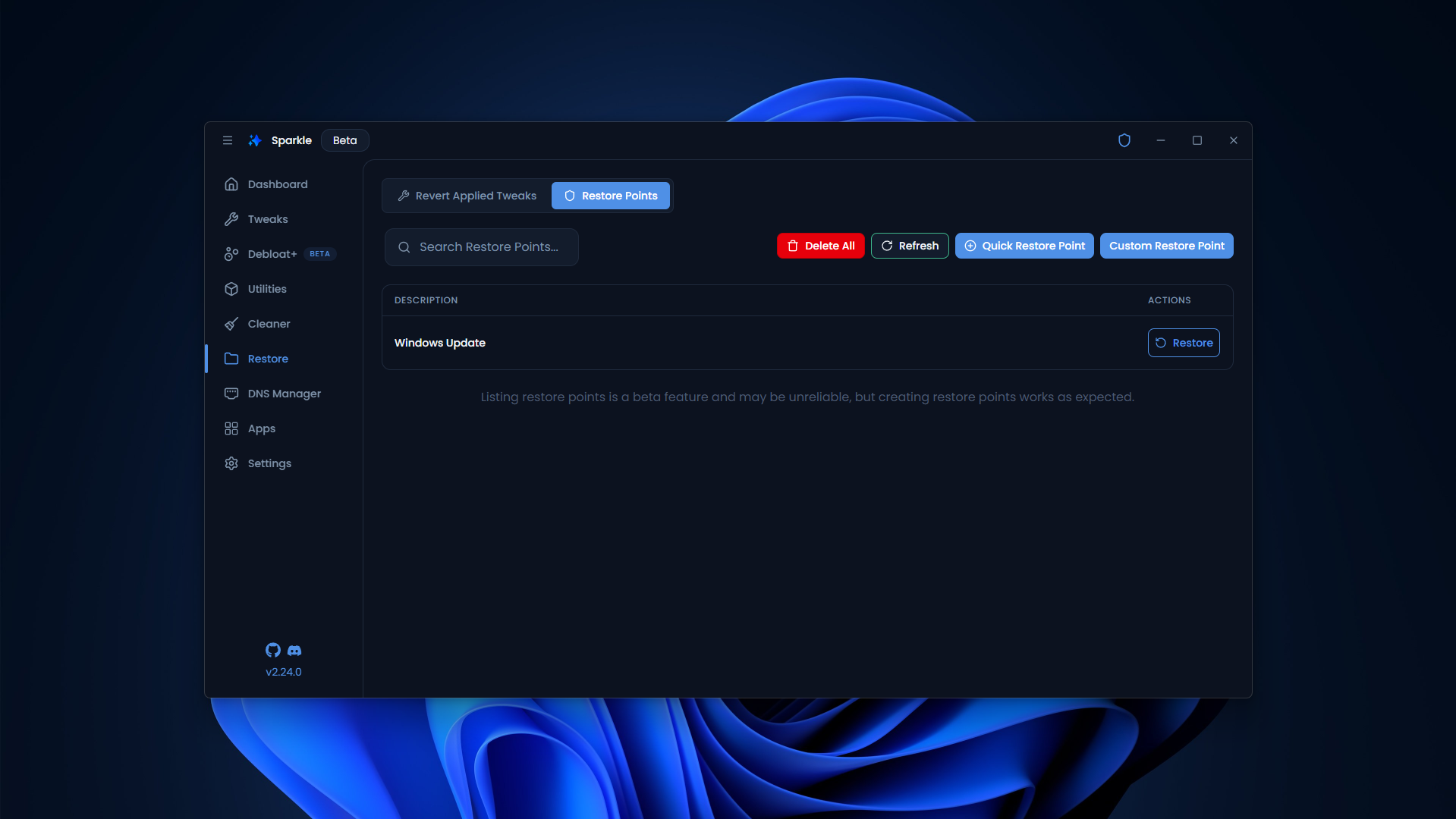 Sparkle feature: System restore